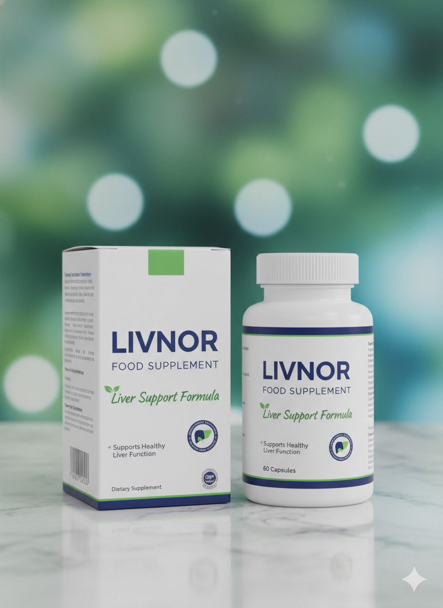 Livnor food supplement bottle and carton photographed for the product page